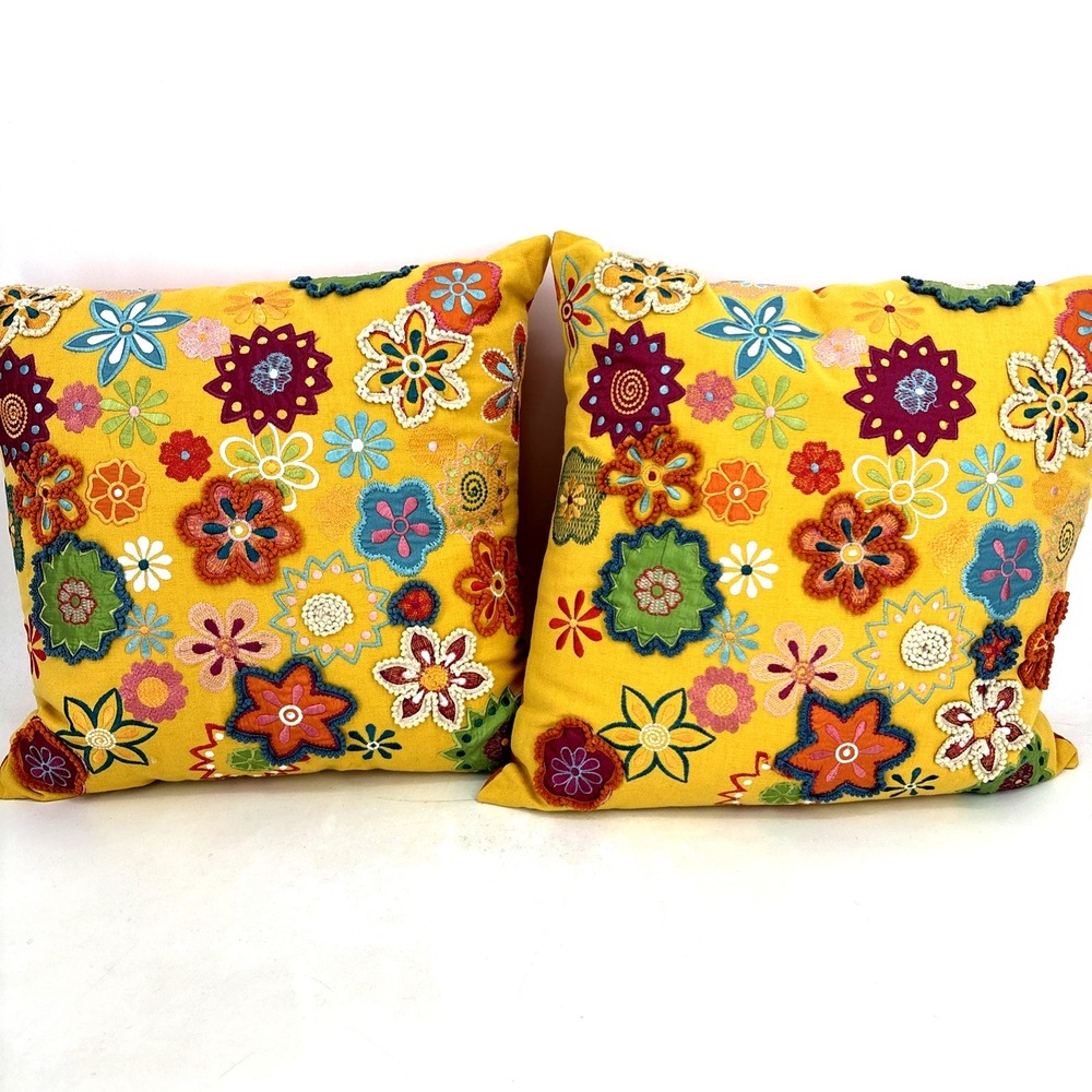 Pier 1 Set of 2 Decorative Floral Throw Pillows 15"x15" Embroidered Boho Colorfu